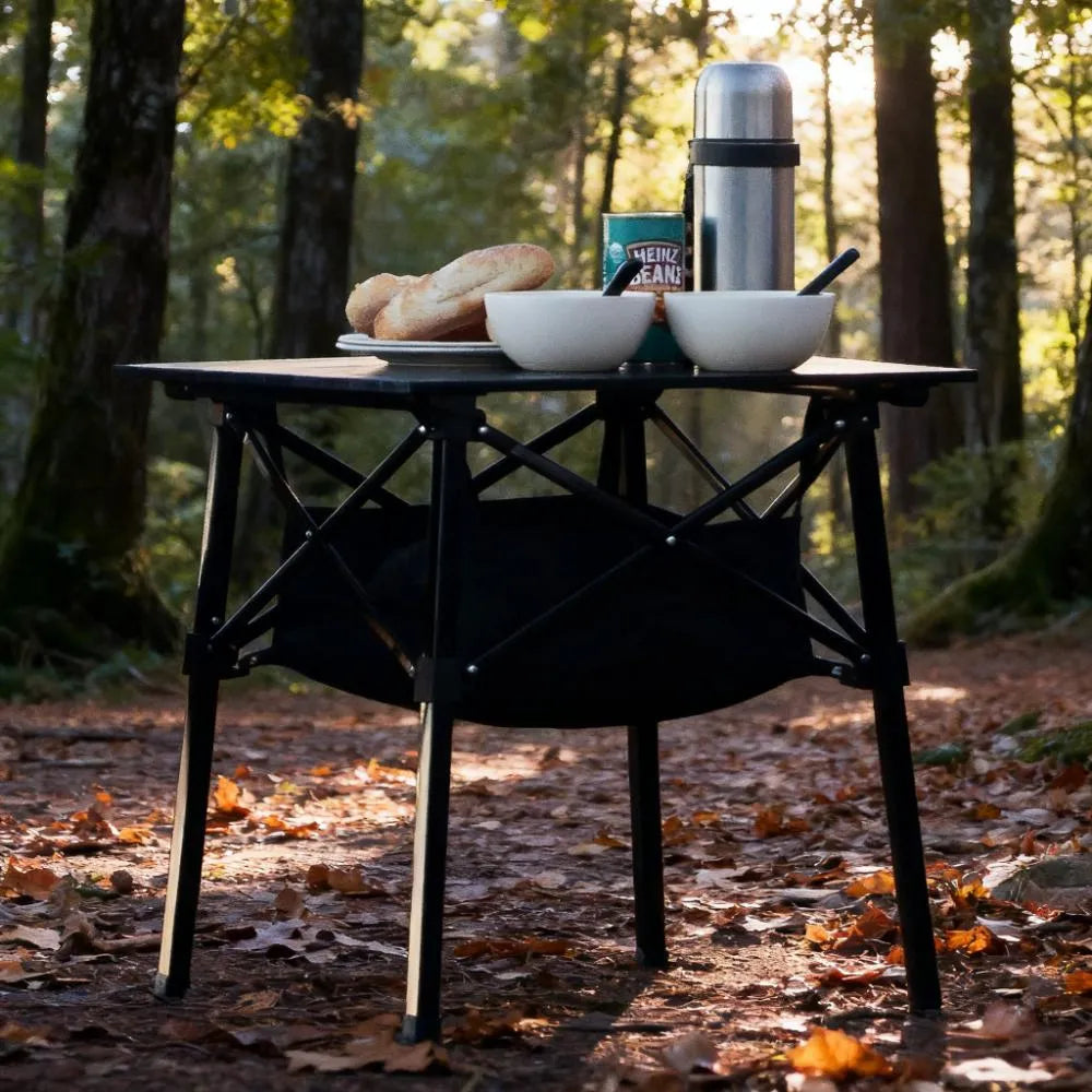 Compact Folding Camping Side Table with Heat - Resistant Matte Black Top & Mesh Storage