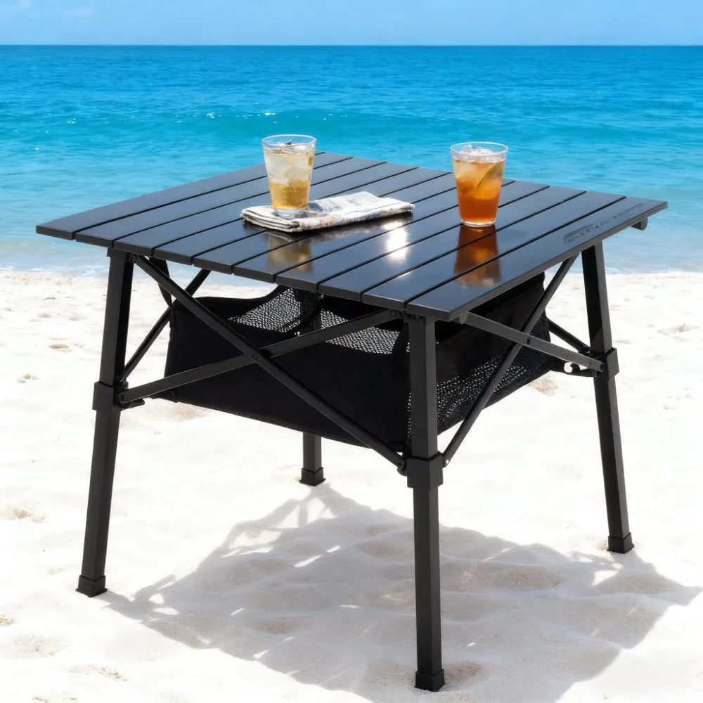 Compact Folding Camping Side Table with Heat - Resistant Matte Black Top & Mesh Storage