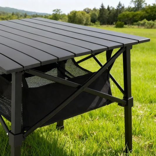 Compact Folding Camping Side Table with Heat - Resistant Matte Black Top & Mesh Storage