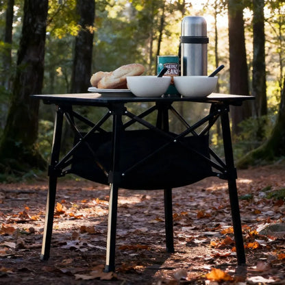 Compact Folding Camping Side Table with Heat - Resistant Matte Black Top & Mesh Storage