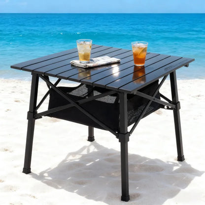 Compact Folding Camping Side Table with Heat - Resistant Matte Black Top & Mesh Storage