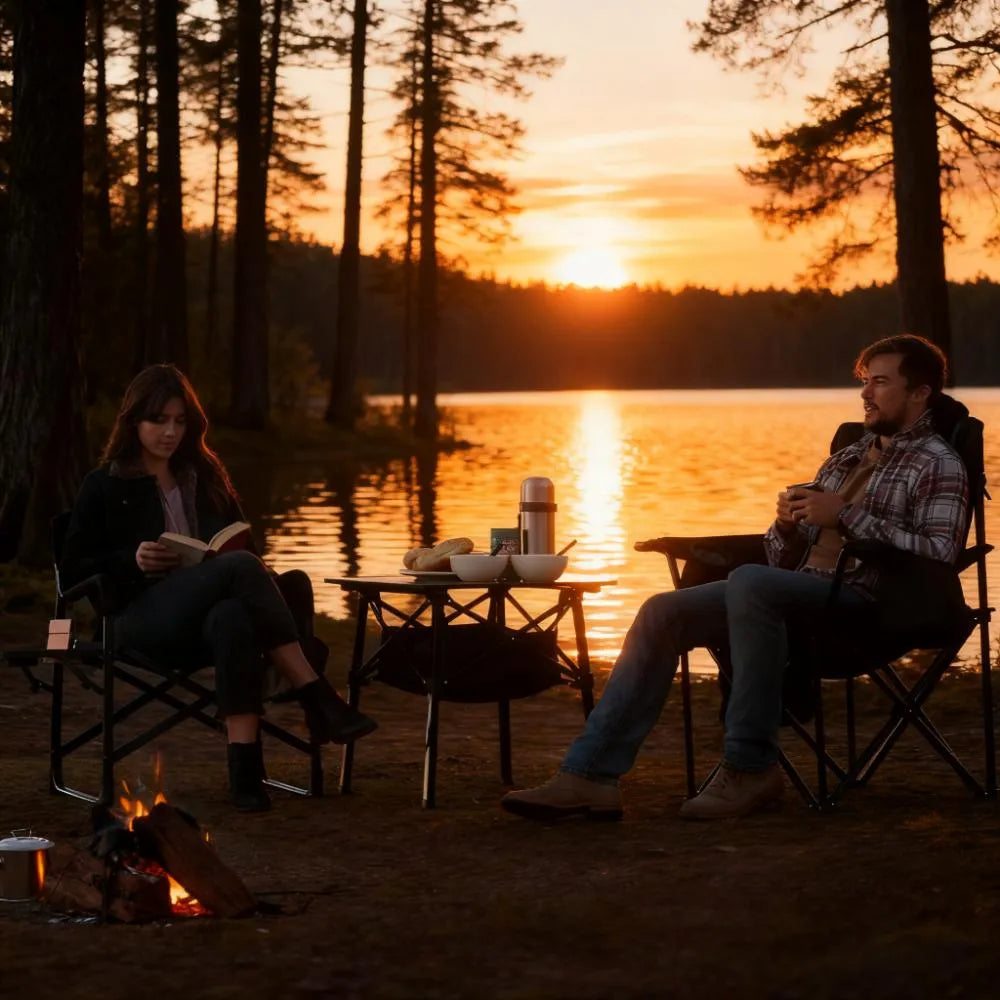 Compact Folding Camping Side Table with Heat - Resistant Matte Black Top & Mesh Storage