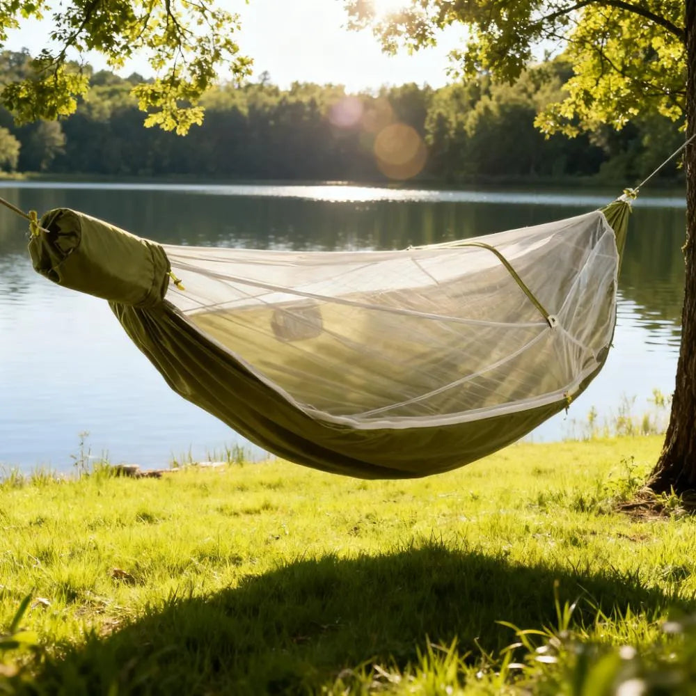 10 - Foot Spacious Hammock with Integrated Bug Net, 300lbs Capacity, Compact Packing