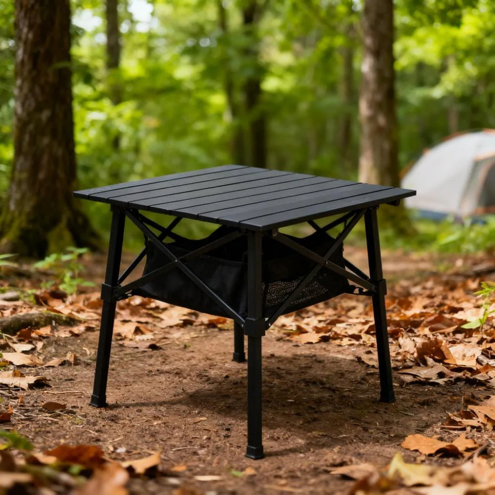 Compact Folding Camping Side Table with Heat - Resistant Matte Black Top & Mesh Storage