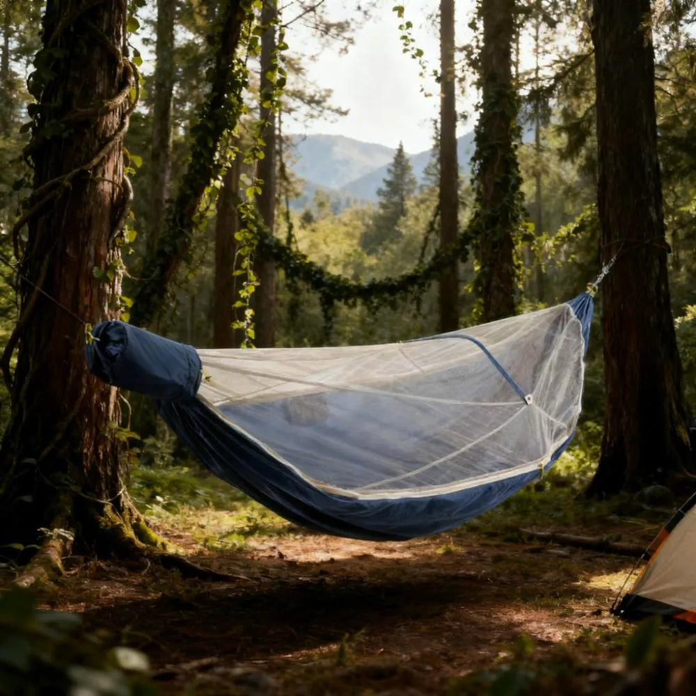 10 - Foot Spacious Hammock with Integrated Bug Net, 300lbs Capacity, Compact Packing
